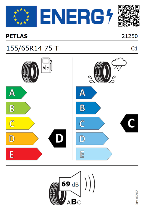 Tyre Label for Petlas Elegant PT311 155/65R14 75T